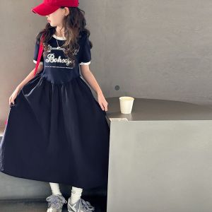 RF studio girls summer foreign style skirt 2025 new long dress medium older children princess children letter print splicing dress