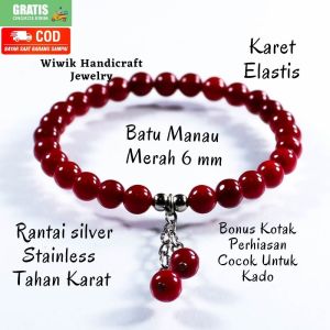 Gelang Tangan Wanita Batu Manau Merah Marun 6 mm Stainless Tahan Karat Kado Hadiah Terbaru