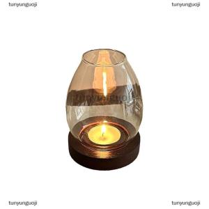 [COD] tunyunguoji Thủy tinh chân nến với cup bìa trong suốt vòng nến chủ sở hữu trang trí nội thất với gỗ cơ sở Bảng trang trí đồ trang trí đám cưới