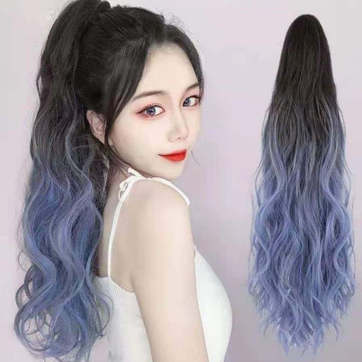 OSF66 Natural BlackandBrown Hair Extensions Gradient blue Ponytail ...