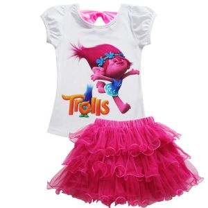 {Sweet Baby} Girl Trolls Clothing Sets Short Sleeve T-shirt + Short Skirt Cartoon Print 2PCS Skirt Suit Summer Clothes Cotton 3-14 Years