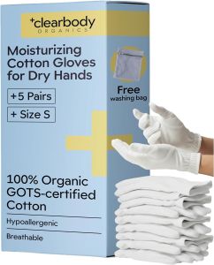 Găng tay Clearbody Organics chất liệu 100% cotton dùng khi ngủ giúp tay khô ráo cỡ S 5 đôi. Kích cỡ vừa – Chất liệu cotton hữu cơ đạt chứng nhận GOTs – Thoáng khí – Tặng kèm túi đựng để giặt – Dành cho những người có làn da dễ bị chàm da thô ráp
