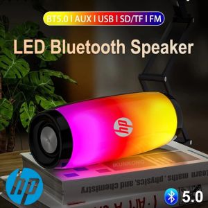 ♥Hàng sẵn có + Miễn phí♥HP Đèn chớp led Bluetooth-compatibe Loa Di Động Với Dây Ngoài Trời Loundspeaker Vải Không Thấm Nước Loa Siêu Trầm FM Đài Phát Thanh