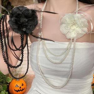 Hmeme Nhiều lớp ngọc trai dài Vòng cổ hoa hồng thiết kế áo len chuỗi trang sức phụ kiện cho phụ nữ