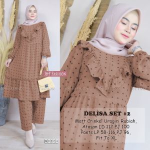 SETELAN TUNIK WANITA DEWASA MOTIF POLKADOT LENGAN PANJANG KULOT PANJANG SELETING DEPAN BUSUI DELISA TERLARIS TERBARU KEKINIAN BAHAN IMPORT MATT Air FLOW CERINGKEL URAGIR