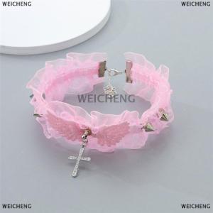 [COD] WEICHENG Fashion Solid Color Women Girls Necklace Wide Lace Rivets Lolita Lace Choker Y2K Angel Wings Cool Leather Necklace