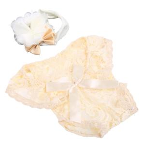 2 Pcs 0-1Month Newborn Photography Props Baby Cute Flower Hair Band Headdress Headband Lace Romper with Ribbon Bows Set