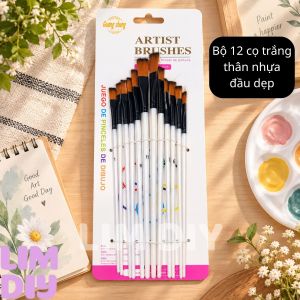 Bộ 12 Cọ Vẽ Thân Nhựa Trắng Đủ Đầu Nhọn Xéo Dẹp Oval Cọ Vẽ Màu Nước Acrylic Gouache LIM DIY