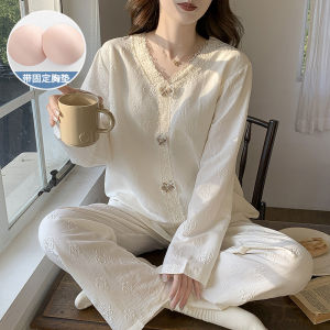 Cloud Cotton Pajamas with Breast Pads for Women Girls Spring Autumn New Korean Version Sweet Ins Style Long Sleeved V Neck Pijama Loose Home Suit Set