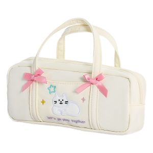 MMLUCK Mèo hoạt hình Hộp bút hình nơ Ballerina Dung lượng lớn Thêu Túi văn phòng phẩm Hàn Quốc Phong cách Ins Thiết kế mèo con dễ thương Túi đựng bút cầm tay Văn phòng trường học