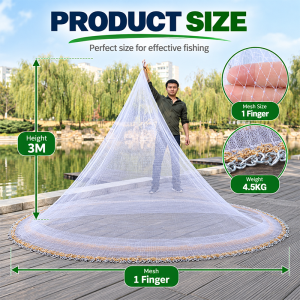 Cast Net 3M Chain Weighted Fishing Net 4.5kg Nylon 1 Finger Mesh Wide Spread