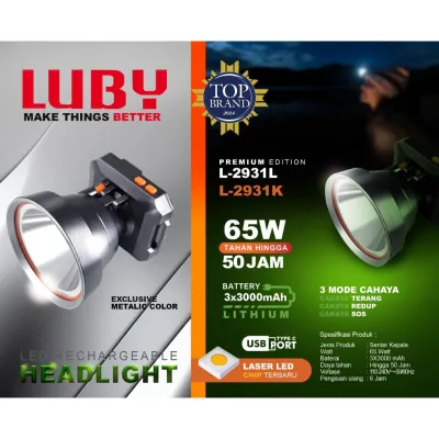 SENTER KEPALA LED LUBY L-2931L 65WATT BATERAI 9000MAH TAHAN HINGGA 50JAM - CAHAYA TERANG - JARAK JAUH - WATERPROOF