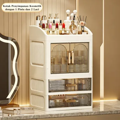Rak Meja Kosmetik Premium | Lemari Organizer Make Up Pintu Sliding Box Storage Transparan