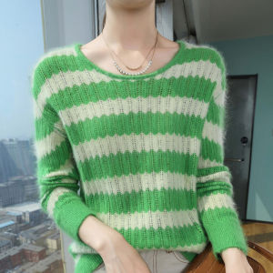 43 Autumn Round Neck Mink Cashmere Sweater Womens Loose Classic Striped Jumper Fashion Hollow Knit Sweater Ladies Plus-Size Top