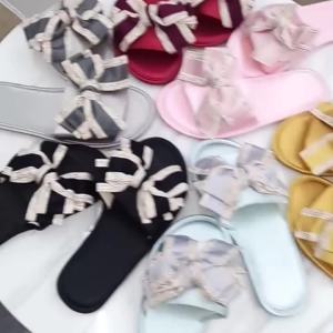 [Free Shipping] New Korean-Style Satin Bow Flat Slippers For Women Fashionable Soft-Soled Non-Slip Home Sandals