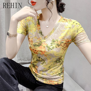 REHIN Summer Fashion Mesh Floral Printed Short Sleeve V-neck T-shirt Slim Fit Trendy Womens Top