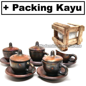 Paket isi 5pcs - Cangkir Kopi Espresso 80ml + Tutup + Tatakan Tanah Liat Gerabah - Kapasitas 80ml - Diameter 6.5 cm - Untuk Kopi Teh