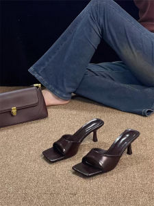 G2026 Summer New High-Heeled Mules With Square Toe Peep-Toe Thin Heel Patent Leather Fashionable Plus Size Large Size Shoes