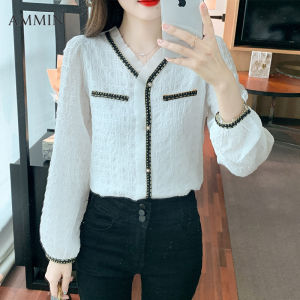 AMMIN autumn and winter new ladies V-neck contrast embroidered lace shirt Korean style fashion temperament retro stitching pleated lace top For women