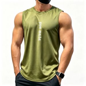 Men Quick‑Dry Gym Sleeveless Tank Top Fitness Workout Sports Vest Printed Sleeveless Shirt Crewneck