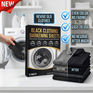 Clothing blackening sheets for home use including laundry dyeing color fixing and repair of faded black clothes.