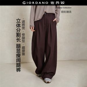 Giordano Women Pleated half elastic waist wide leg pants Free Shipping 18416612