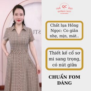 Đầm trung niên cho mẹ cổ sơ mi sang trọng công sở chất lụa hồng ngọc