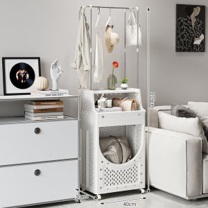 Vision Multi Layer Laundry Basket with Rack Multi Functional Storage Rack with Pulley Bathroom Laundry Hamper Household Folding Storage Rack Living Room Sundries Toy Storage Trolley