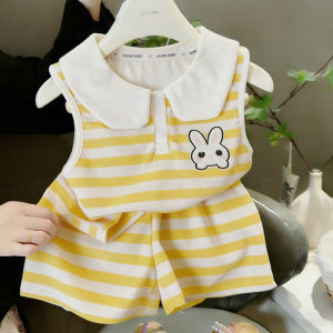 AILEBE Kids Sets Cute Rabbit Striped Top Shorts Set Button Collar Print Design Elastic Waistband Easy Wear Soft Lightweight Fabric Summer Casual Outfit Perfect For School Outdoor Daily Pambahay OOTD Girls 1-10 Years