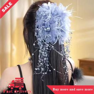 [COD] Women Luxury Mesh Flower Pearls Tassels Hair Clips Female Fluffy Shark Hair Claws Hair Accessories Headdress