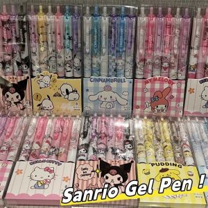 Sanrio Hello Kitty 6pcs Series ปากกาเจลเติม Y2k Cinnamoroll Kuromi Melodyการ ์ ตูนกดปากกาสีดําเครื ่ องเขียนอุปกรณ ์