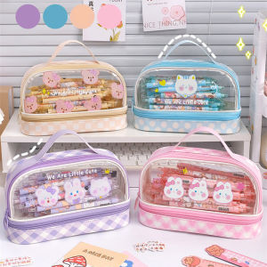 Portable Double Layer Pencil Case Transparent PVC Splash Prevention Layer Large Kawaii Cartoon Pencil Bags Girls School Supplies