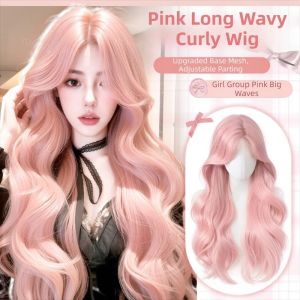 BEAUTYLADIES Elegant Long Wavy Curly Wig Fashionable Middle Part Pink Synthetic Wigs Full Head Cover Fluffy Cosplay Lolita Wigs for Women