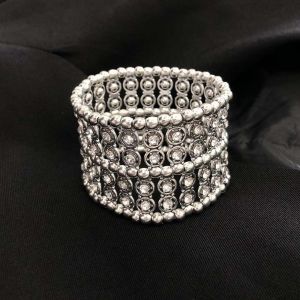 LUMIYA Geometric Rhinestone Bracelets Elastic Double Row Cuff Bracelet Trendy Super Sparkling Wide Bangle For Women