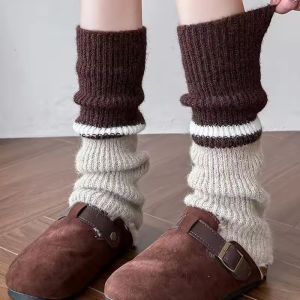 Thickened Knitted Woolen Sock Covers Womens Autumn Winter Warm Leg Warmers Color Block Grey Calf Length Home Comfort Stockings