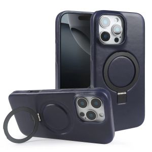 Stand Bracket Genuine Leather Case for Iphone 18 Pro Max 17 16pro 14 13 12 11 Full Wrapped Phone Cases Cover+Magnetic Holder2026