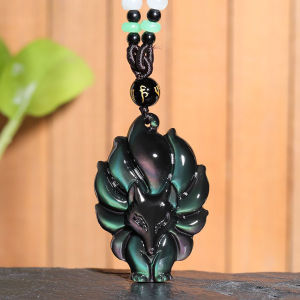 Good Luck Charm Natural Nine Tailed Fox Stone Necklace Aesthetic Jewelry With Obsidian Bead Chain