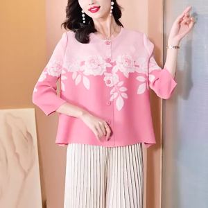 Miyake Pleated Elegant Floral Print National Style Top Shirt for Women with Single-Breasted Round Neck 3/4 Sleeve Loose Fit in Ginger Yellow/Purple/Blue/Pink (Sizes M/L/2XL/XL/3XL)