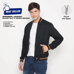 d&f CVC Jaket Bomber Pria Cut & Sewn - Hitam List Coklat