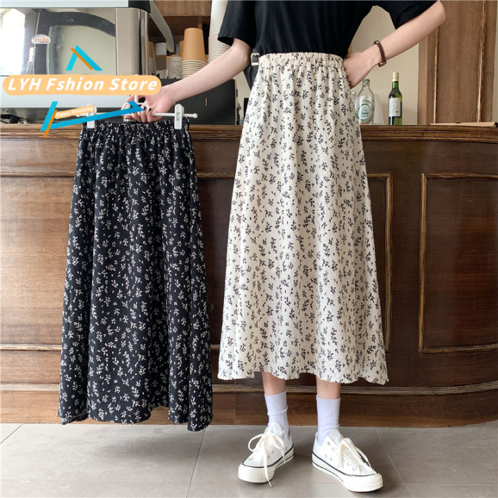 Elastic High Waist Skirt for Women's Floral Mid-length A-line Skirt