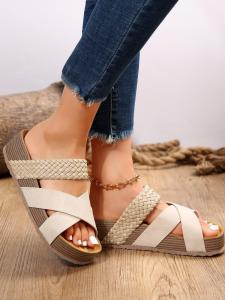 [Free Shipping] Plus Size Casual Womens Sandals New Flat Thick-Soled Cross-Strap Woven Solid Color Sandals