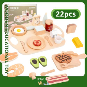 Hntob 22pcs Wooden Breakfast Set Toy Simulation Smile Meal Group Educational Toys
