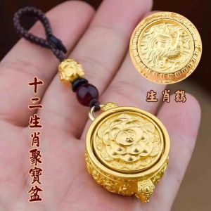 正品開光 黄铜十二生肖 旋转聚宝盆 送招财符 招财钥匙扣 元宝 招财摆件 可旋转聚宝盆挂饰 风水 财源滚滚 Zodiac Keychain feng shui Lucky Key chain Attract Wealth Home Decoration