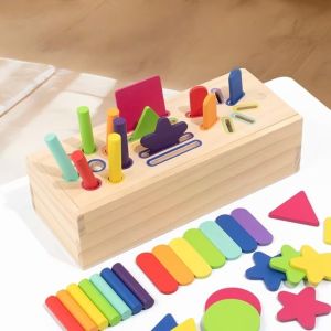 NUBE Wooden Shape Sorting Box Geometric Solids Fine Motor Montessori Educational Game Developmental Training 3D Shapes Color Shape Sorting Toy Preschool Element