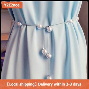 【Local shipping】 Pearl Womens Belt Simple Adjustable Metal Thin Chain Belt For Ladies Dress Skinny Waistband Decorative Jewelry
