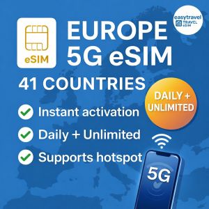 Europe & UK eSIM 41 Countries 1GB 2GB Daily Unlimited High Speed Data Supports Hotspot Email Delivery