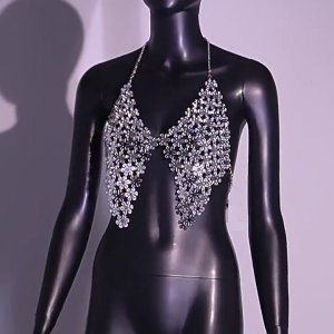 Womens Sparkly Flower Shaped Sequins Bikini Bras Halter Backless Body Chain Camisole Crop Top Party Clubwear