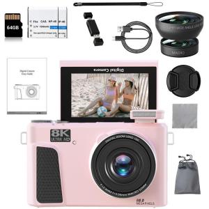 VETXI-30 8K Photography Digital Camera -88MP WiFi VideoRecording Camera for YouTube - UHD autofocus camera with3.0-inch 180 ° flip screen 18x digital zoom lens cover 2batteries and 64GB storage card(Pink)