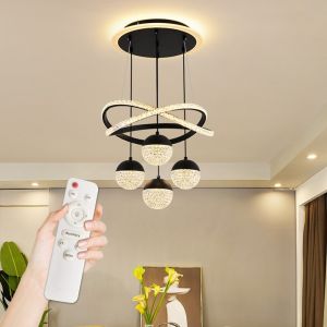 LED Ceiling Light Ring Iron Art Acrylic Tri-Color Pendant Light Dimmable Projection Chandelier for Living Dining Room Bedroom Lobby Decorative Lighting