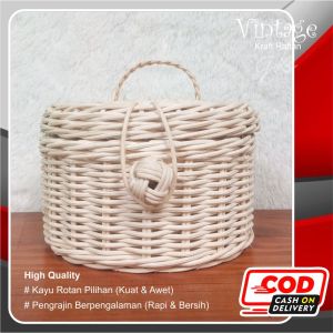 KERANJANG ROTAN BULAT dengan TUTUP TANGKAI Uk. 20x12 CM Kerajinan Tangan untuk Tempat Penyimpanan dg Warna Alami Natural
